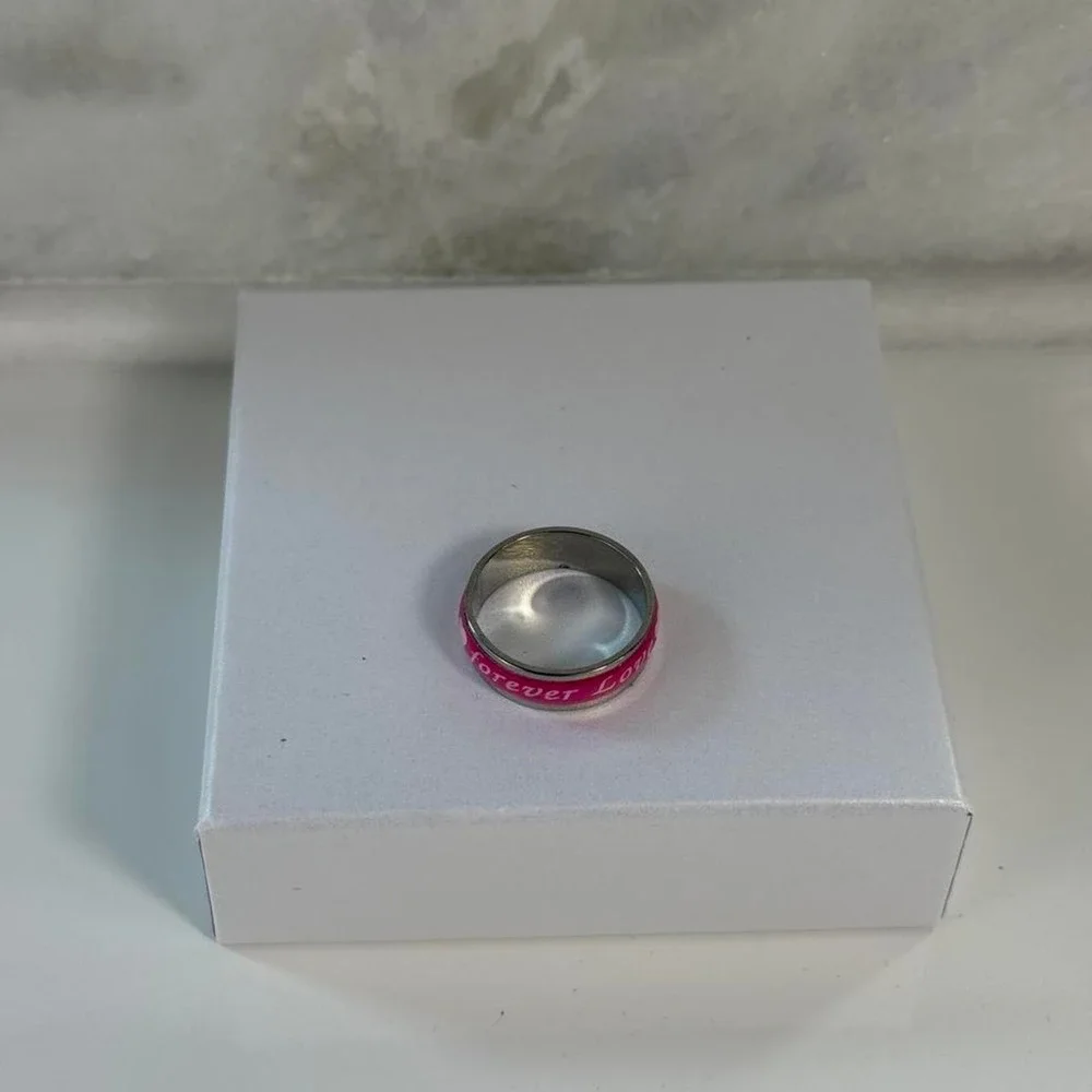 Pink Forever Love Ring Silver Band Enamel Inlay Mens Size 10 Y2K Accessory